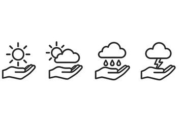 Weather icon set depicting sunny, partly cloudy, rainy, and stormy conditions with hands representing nature