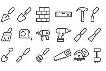 Collection of vector icons depicting various construction and gardening tools in a simple and modern style