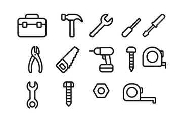 Collection of essential vector icons representing various tools and hardware equipment for home improvement projects