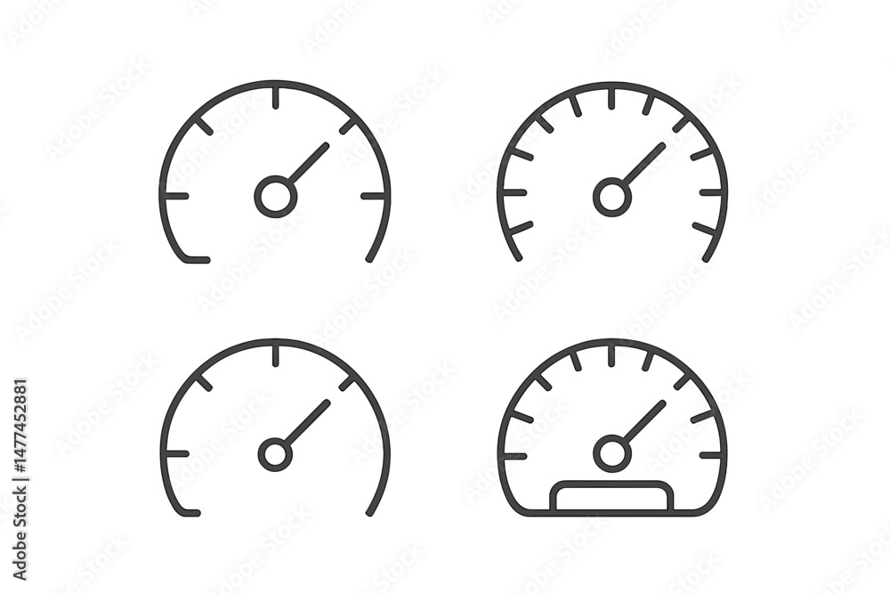 Poster vector icon set featuring four speedometer designs for performance and measurement applications