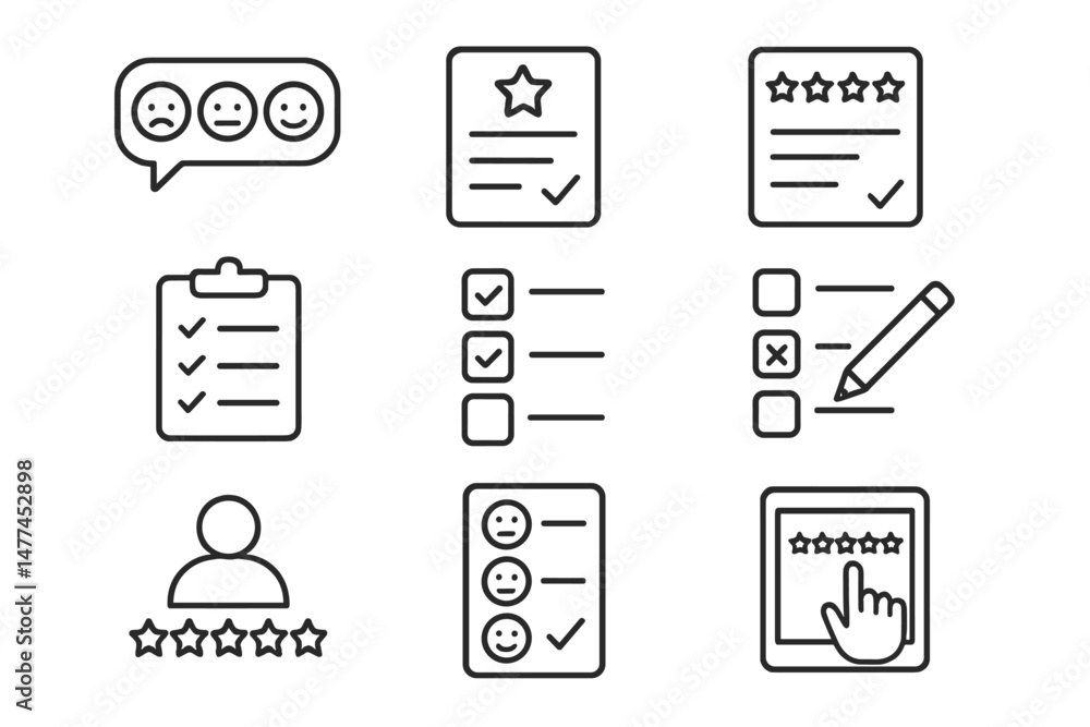 Poster simple vector icons representing feedback and review processes with various emoticons, checklists, a