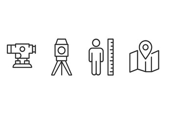 Vector icons illustrating surveying tools, measurement figures, and mapping elements commonly used in land surveying activities