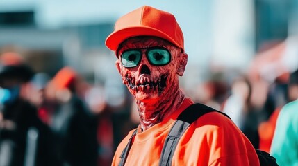 A person in a creepy zombie mask, sunglasses, and orange clothing stands outdoors among a crowd, possibly at a themed event or festival.