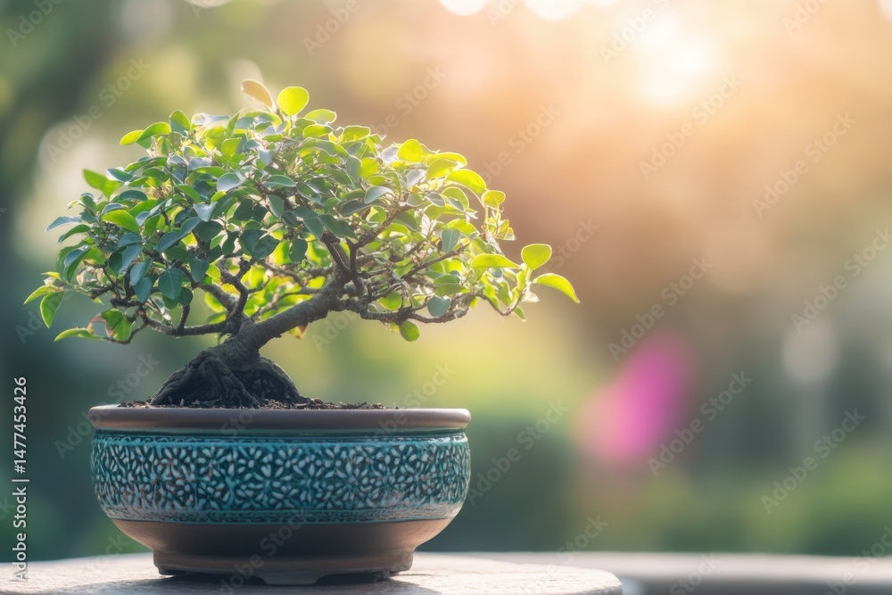 Poster serene bonsai tree in decorative pot close up with soft bokeh background in garden setting