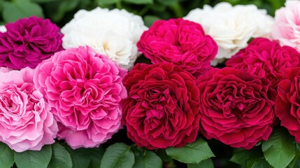 Colorful roses in shades of pink, red, and white bloom closely together with lush green leaves in the background.