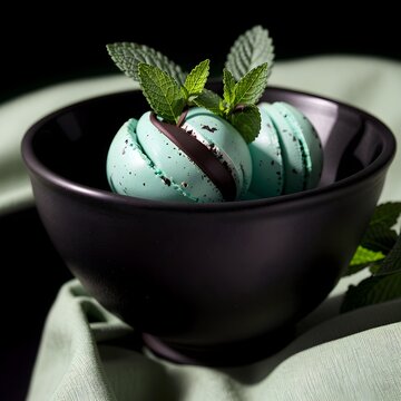 Refreshing Mint Chocolate Chip Ice Cream: A close-up of creamy mint chocolate chip ice cream with real chocolate chunks, garnished with fresh mint leaves. Perfect for food brands and ads.