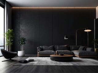 Home interior, modern dark living room interior, black empty wall mock up