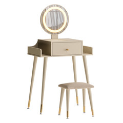 A vanity with a mirror and a stool