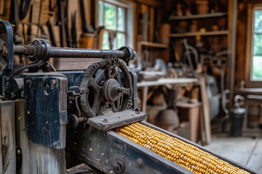 Antique Grain Sheller In Rustic Workshop