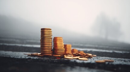 Stacked Coins Pile on White Background