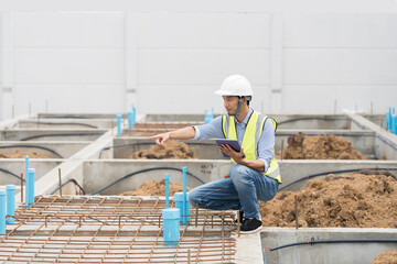 Construction site. Civil engineer. Network of pipes. Plumber. Construction engineer supervising construction work at construction site. Plumber worker working in sewer pipes area at job site