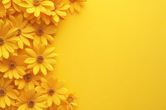 Bright yellow flowers border a vibrant yellow background. Clustered blooms create a cheerful, sunny design