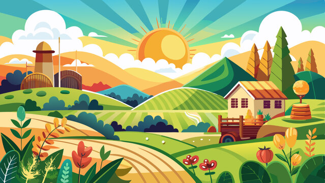 Ideal for a vector illustration, this scene captures the essence of agricultural life, the beauty of growth, and the serenity of a sunny countryside. It’s a perfect visual for themes of farming, susta