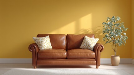 Cozy living room sofa design modern home interior furniture display bright yellow wall inviting atmosphere