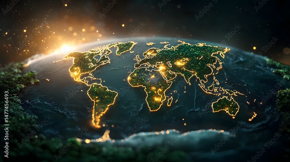 Poster futuristic digital world map with animated green pulsating zones highlighting active forest growth a