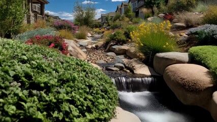 Serene residential garden design featuring rock lined stream and colorful native plant selection leading to homes in background