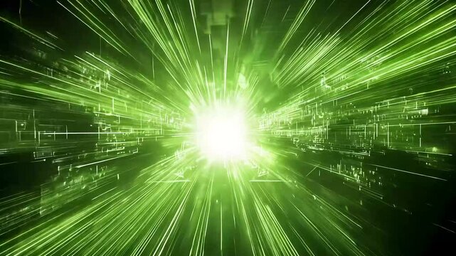 Bright green light streaks burst from central point, creating dynamic, energetic abstract visual