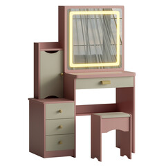 A pink and white vanity with a mirror and a stool