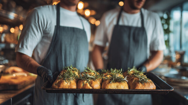 Close-up of rosemary bread loaves on baking tray, held by chefs in a restaurant kitchen, showcasing freshly baked goods, representing culinary craftsmanship and food service