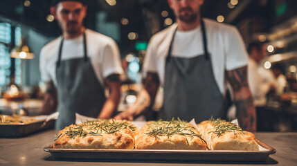 Rosemary focaccia bread on baking sheet, chefs blurred in background, showcasing restaurant food photography, ideal for culinary or food blog