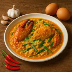 Thai Crab Curry with Egg and Aromatic Herbs on Wooden Table