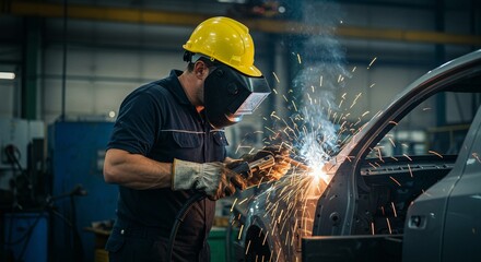 Welder wearing safety gear repairs auto body, showering metal sparks around work area in automotive shop.