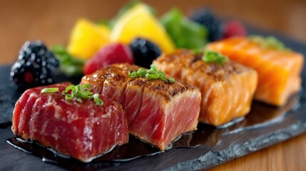 Exquisite salmon sashimi neatly arranged on a slate platter garnished with vibrant fruits and fresh herbs showcasing culinary artistry and gourmet presentation in a modern setting