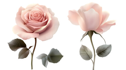 Elegant Pink Rose Flower with Leaf and Stem Isolated on White Background