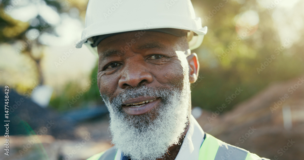 Poster happy, construction worker and face of black man on site with confidence for repairs or building. sm