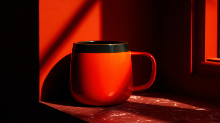 Stylish modern coffee mug photographed in cushy luminance highlighting its smooth surface and bold handle.