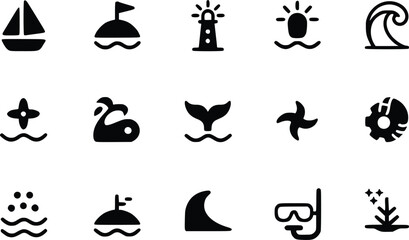 Water Activities & Marine Life Icons Ocean Adventure Shark, Octopus, Lighthouse Graphics