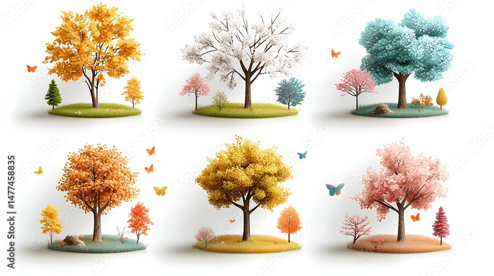 Poster gradient style icon set showcasing the different seasons of a forest ecosystem highlighting the impo