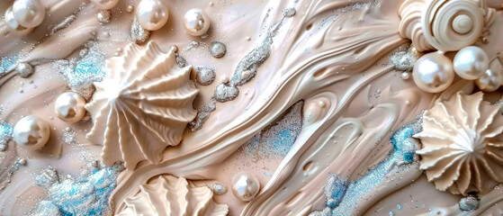 Marine abstract art background with starfish, pearls, and gold accents on swirling pink and blue pastel hues.Vacation, lesure mock up.