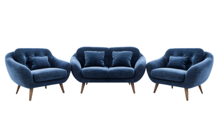 Modern Set of 3 Blue Sofas Isolated on White Background for Interior Design Projects