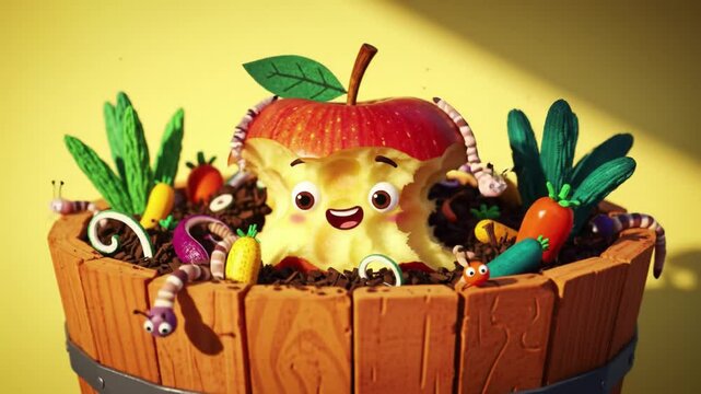 Friendly animated apple character plays in a garden of colorful vegetables and worms