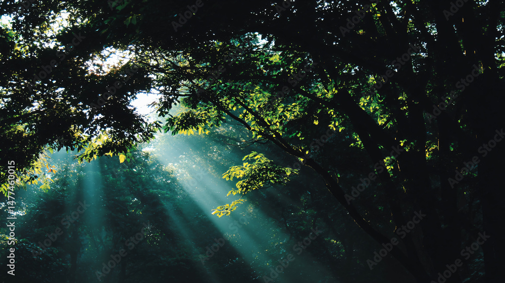 Poster sunlight streams through lush unripened trees in a tranquil forest, creating a peaceful ambiance