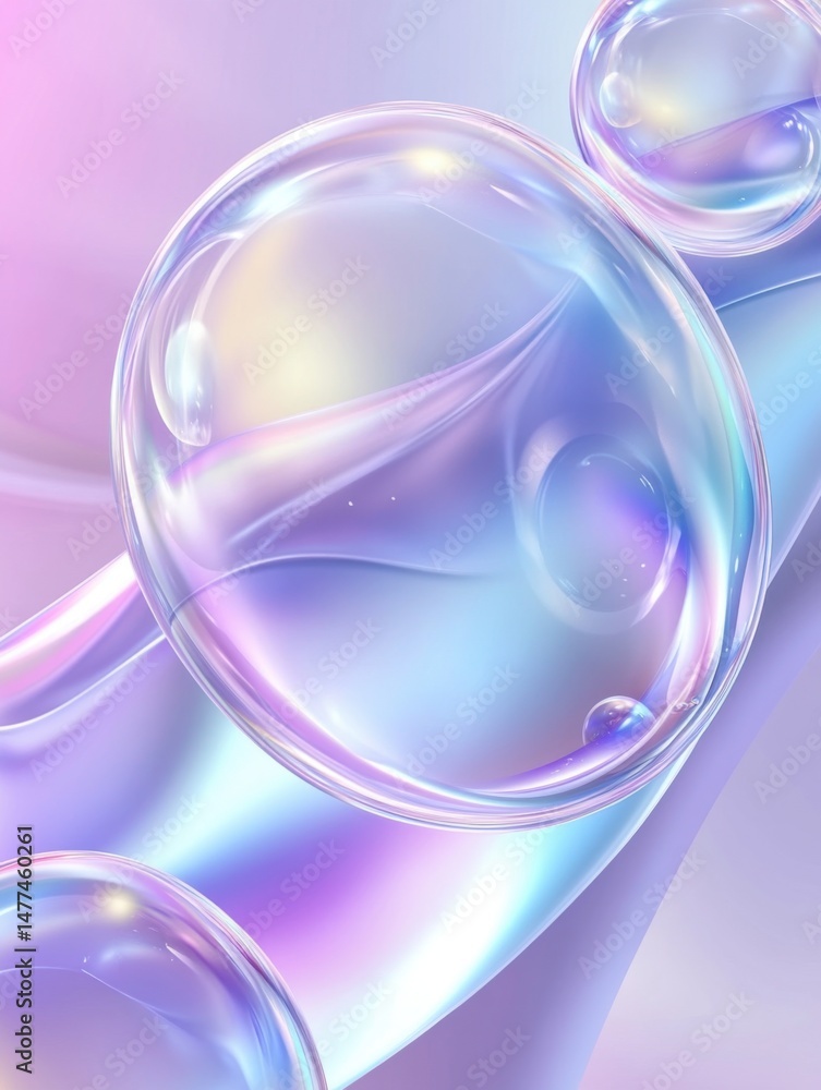 Poster abstract iridescent spheres floating on pastel waves macro studio shot with holographic reflections 