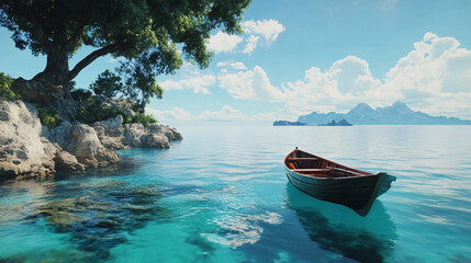 A wooden boat peacefully floats on clear turquoise water near a rocky coast under a bright blue sky.