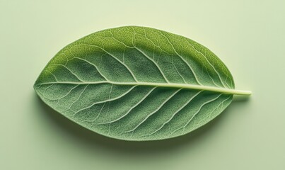 Obraz premium Single green leaf, flat lay, pastel background, nature design