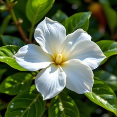 Fototapeta premium Blooming Gardenia: Capturing the pristine beauty of a single gardenia blossom with its soft, creamy petals and vibrant green foliage in a close-up perspective, bathed in natural light.