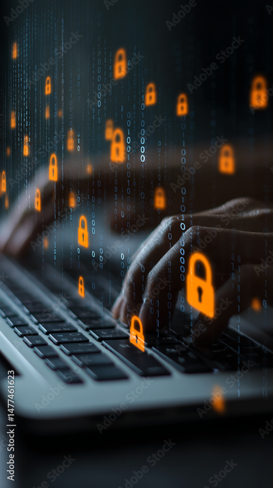 Poster hands typing on laptop keyboard, overlaid with binary code and glowing padlock icons, symbolizing on