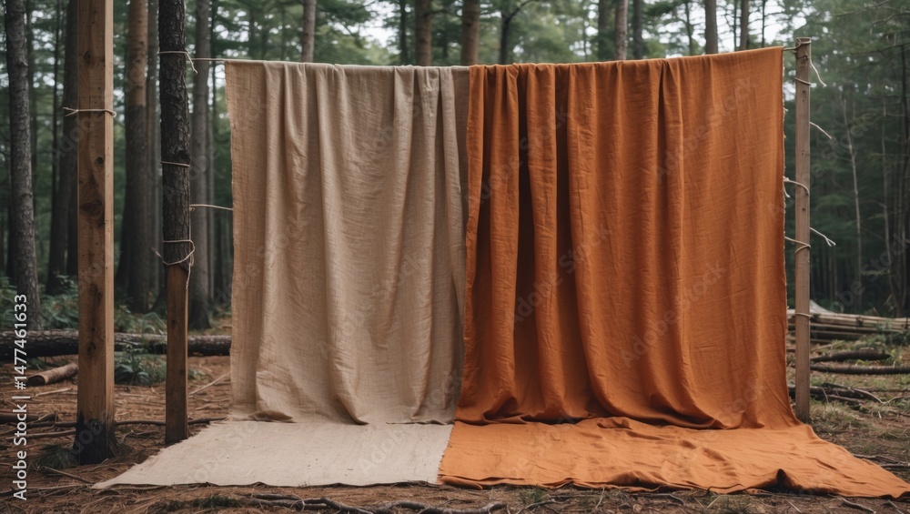 Poster lush forest setting with textured fabric drapes in neutral tones, creating a serene backdrop