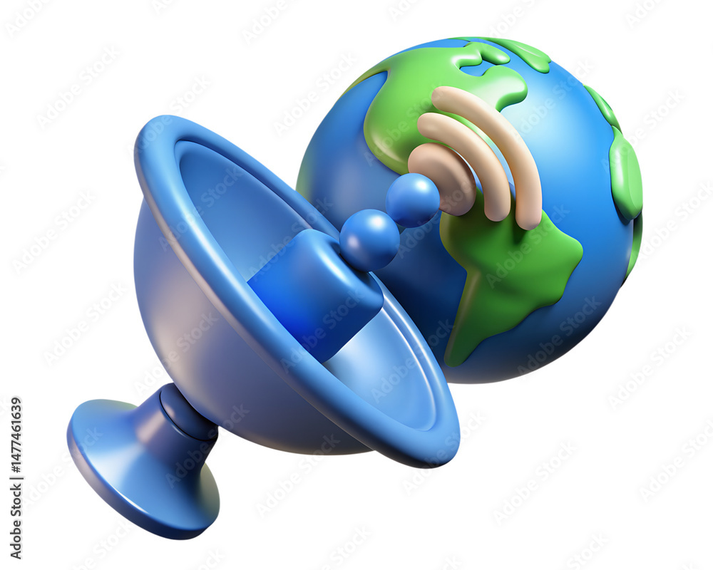 Poster 3d rendering icon representing global communication network broadcasting information around the eart