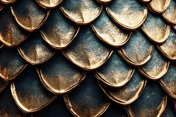 Luxurious dark teal and gold scales texture, close-up.  Perfect for backgrounds, design, and artistic projects.