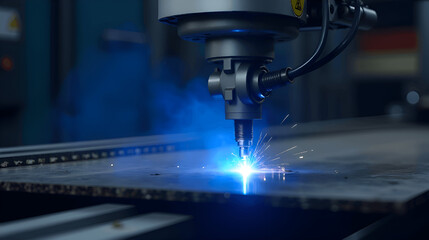 A high-powered industrial laser beam is cutting steel with precision, mounted on a robotic arm
