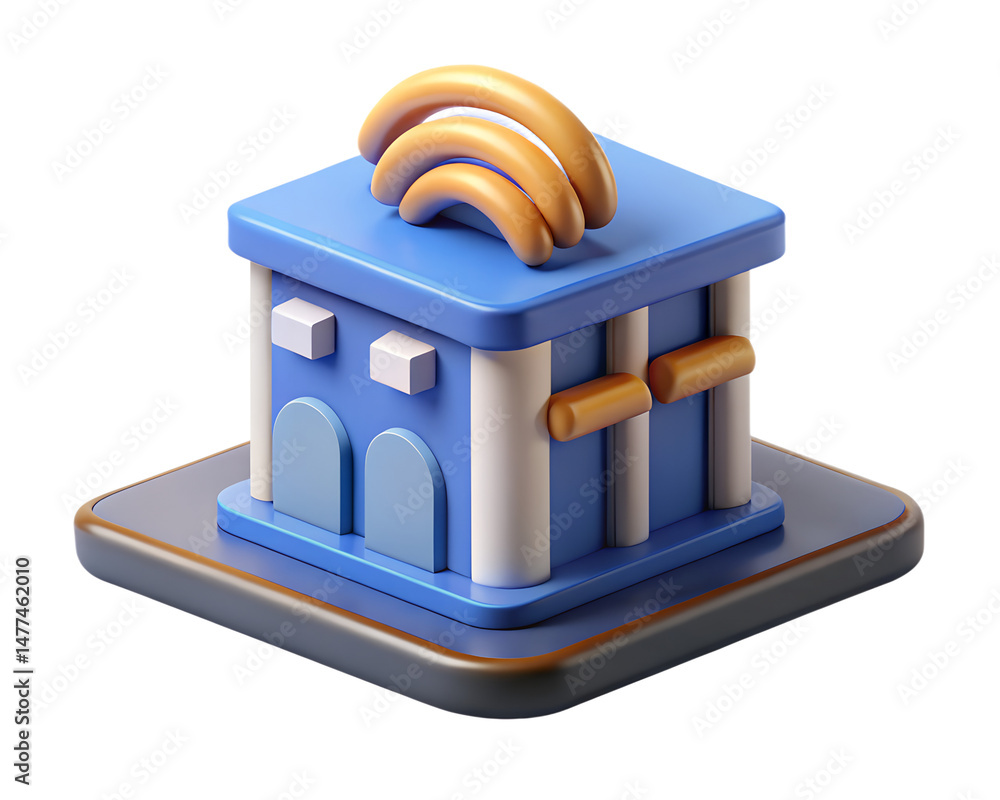 Poster a beautifully designed 3d rendering icon of a stylized building representing concepts related to lan
