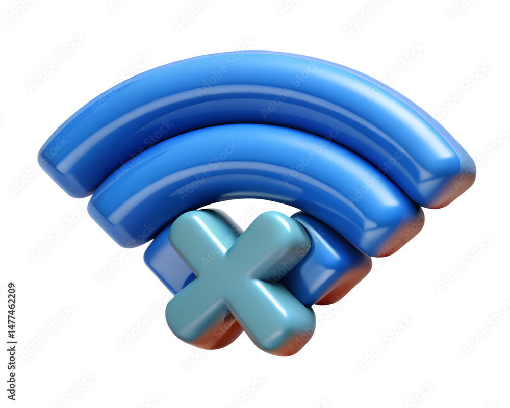 Poster a glossy blue wireless internet connection icon with a cyan cross symbol signifying no signal availa