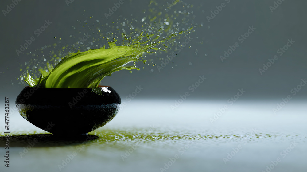 Aufkleber surreal splashing of green matcha, fluid in form and flowing from a inglorious chawan on a white min