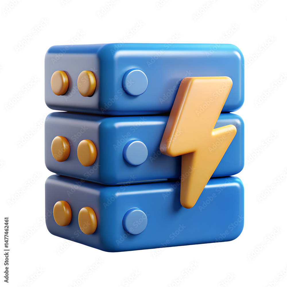 Poster a modern 3d rendering icon portraying data server stacks and lightning bolt symbol land transportati