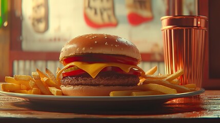 A mouth-watering cheeseburger topped with melted cheese and fresh lettuce, served in a toasted brioche bun.